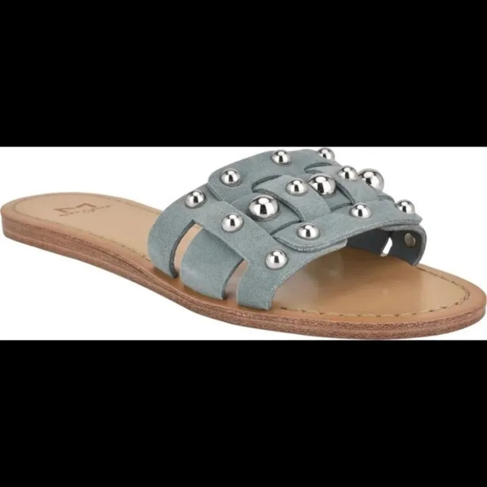 New Marc Fisher Pacca Studded Flat Sandal In Blue Cactus Suede